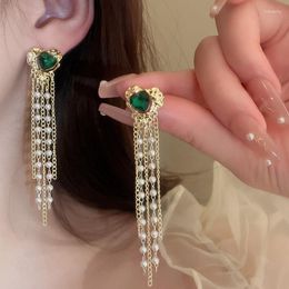 Backs Earrings Statement Gold Colour Pearl Chain Vintage Green Stone Heart Shaped Long Tassel Clip On No Piercing For Women