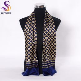 Scarves BYSIFA Navy Blue Gold Plaid Men Silk Fashion Accessories Autumn Winter Male Pure Long Cravat 160 26cm 230818