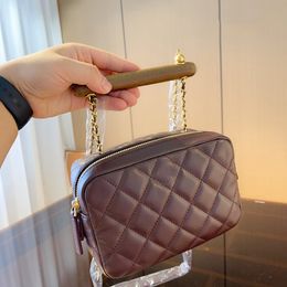 Bag Luxury Wooden Handle Genuine Classic Leather Designer Handbag French Diamond Brand Metal Chain Shoulder Lattice Womens Crossbody Famous Retro Minitote