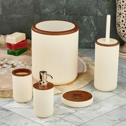 Bath Accessory Set 5 Pcs Wooden Design Bathroom Trash Can Soap Dispenser Toothbrush Holder Shower Toilet Brush Kit