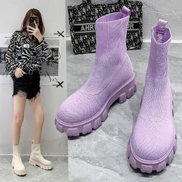 Boots Women Thick Soles Casual Large Red Knitted Ankle Spring Women s Socks Ladies Botas De Mujer Shoes Female 230821