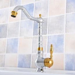 Kitchen Faucets Polished Chrome & Gold Colour Brass Bathroom Sink Faucet 360 Degree Swivel Spout Basin Mixer Tap Tsf810