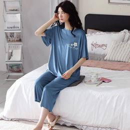 Women's Sleepwear Fdfklak Modal Pyjamas Spring Summer Short-Sleeve Cropped Pants Set Loose Solid Colour Homewear Suit Pyjama Pour Femme