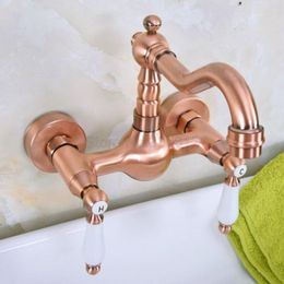 Kitchen Faucets Wall Mounted Antique Red Copper Dual Ceramic Handles Swivel Spout Sink Mixer Tap / Bathroom Basin Tnf949