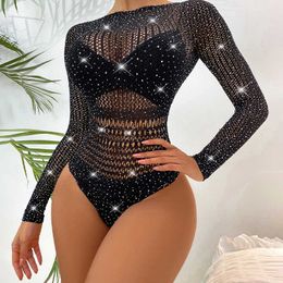 Sexy Set Sexy Fishnet Girl Wear Rhinestone Long Sleeve Diamonds Bodycon Dress Bodystocking 230808