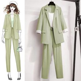 Women's Two Piece Pants Formal Women Coat Suit Straight Blazer Vest Set Elastic Waist Turn-down Collar Lady Business Outfit Commute