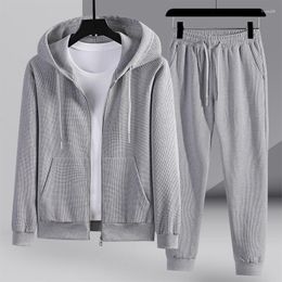 Men's Tracksuits Spring And Autumn Sports Suit Waffle Hooded Sportswear Solid Color Large Cardigan Two-piece Set