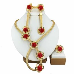 Earrings Necklace Fashion Women Jewellery Set Latest Trendy Brazilian Dubai Gold-Plated Wedding Bridal Colourful Flowers Necklace Gifts FHK15616 230820