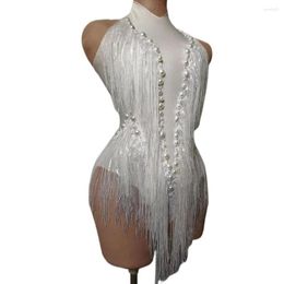 Stage Wear Sparkly White Sequins Fringes Leotard Sexy Tassel Bodysuit Dance Costume One-piece Dancer Performance Show