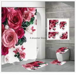 Shower Curtains Valentine's Day Red Rose Flower Shower Curtain Waterproof Polyester Landscape Curtains Bathroom Shower Curtain And Rug Sets 230820