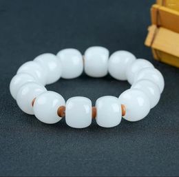 Strand Natural White Jade Bracelet Healing Bangle Men Women Fine Jewelry Genuine Hetian Jades Nephrite Barrel Beads Elastic Bracelets