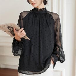 Women's Blouses Autumn Lace Blouse 2023 Elegant Stand Collar Solid Colour Patchwork Casual Loose Office Ladies T-Shirts Tops Female