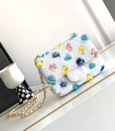 23p Designer Women Flap Bag 10A Top Quality Luxury Fashion Classic cf Flower Sequins Chain Bag Genuine Leather Shoulder Crossbody Bag Cosmetic Bag Purse 17cm With Box