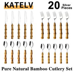 Dinnerware Sets 20Pcs Bamboo Handle Tableware Set Stainless Steel Gold Nature Steak Knives Forks Dessert Spoons Elegant Cutlery