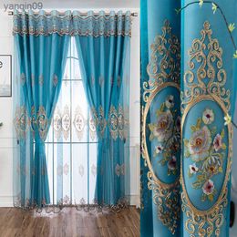 Curtain Royal Blue Purple Floral Embroidered Blackout Curtain Sets Sheer and Lining Curtains Full Shading for Living Room Bedroom HKD230821