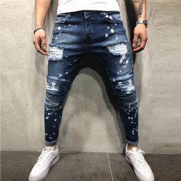 Fashion-Men's Painted Skinny Slim Fit Straight Ripped Distressed Pleated Knee Patch Denim Pants Stretch Jeans238L