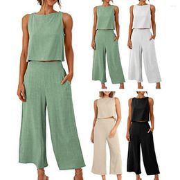 Women's Two Piece Pants 2Pcs/Set Women O-neck Sleeveless Cropped Tops High Waist Wide Leg Long Sets Loose Casual Outfit Conjuntos De