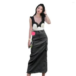 Skirts Street Hundred Denim Splicing Half-body Skirt Women Temperament Fashion 2023 Fall Pocket Straight Long Clothing