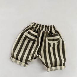 Trousers Boys And Girls Korean Striped Trousers Autumn Children's Cotton Casual Pant Baby Kids Harem Pants With Pockets WTP155 230821
