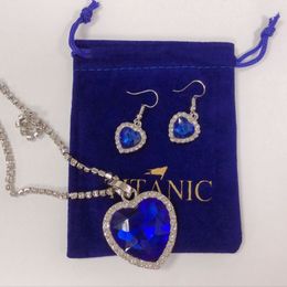 Earrings Necklace Titanic Heart of Ocean Blue Heart Love Forever Pendant Necklace with Titanic Earrings Velvet Bag 230818