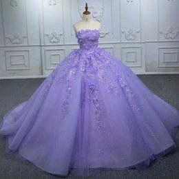 Lavender Shiny Off Shoulder Appliques Lace Corset 3D Flowers Ruffles Ball Gown Quinceanera Dresses Vestidos Para XV Anos