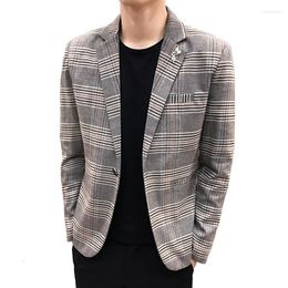 Men's Suits Men 2023 Autumn Slim Suit Blazer Fashion Plaid Print Simple Temperament British Style Business Casual Dress Jacket Coat