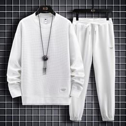 Men s Tracksuits 2023 Spring Autumn Mens Set Solid Color Waffle Fabric Sports Long Sleeve Sweatshirt and Pants Casual 2PC Male Outfit 4XL 230821