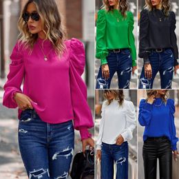 Women's Blouses Women Long Sleeve Chiffon Tops For Spring Solid Round Neck Pleated