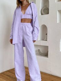 Women's Sleepwear Linad Purple Pyjamas For Women 3 Piece Sets Loose Long Sleeve Female Bra Casual Trouser Suits 2023 Autumn Nightwear