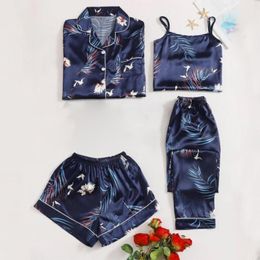 Women's Sleepwear Home Suit Flamingo Print Fashion Slim Pajamas Four Piece Set For All Seasons Printed Suspender Thin