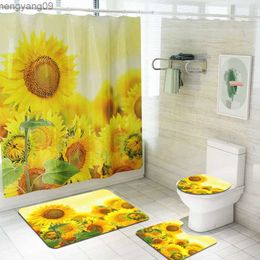 Shower Curtains Full Screen of Sunflowers Pattern Shower Curtains Set Non Slip Toilet Polyester Cover Mat Set Waterproof Bathroom Shower Curtain R230821