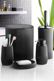 Bath Accessory Set 5 Pcs Bathroom Round Black Striped Tools With Trash Can Toothbrush Holder Soap Dispenser And Lotion