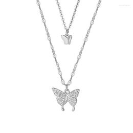 Chains DX99 Lefei Jewelry 925 Silver Fashion Trendy Luxury Lovely Double Chain Diamond-set Butterfly Necklace Women Wedding Charms Gift