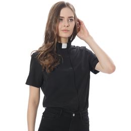 Women Clergy Dress Catholic Priest Costume Adult Blouse Church Pastor Clergy Stand-up Tab Collar Minister Preacher Long Sleeve Tops Roman Shirts