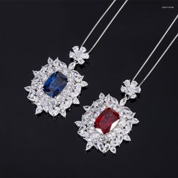 Chains Elegant 10 14mm Lab Created Sapphire Ruby Pendant Necklace For Women Real S925 Sterling Silver Luxury Jewellery Mother's Day Gift
