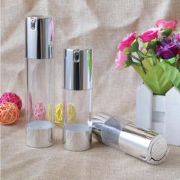 Airless Pump Bottle 15ml 30ml 50ml Silver Cosmetic Liquid Cream Container Lotion Essence Bottles for Travel 100pcs Lelgd