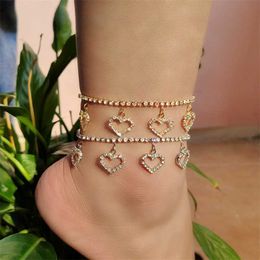 hop Bling Love Heart Anklet Bracelet for Women Iced Out Miami Cuban Link Chain Anklets on the Leg Beach Foot Jewelry 230719