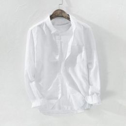Men's Casual Shirts Solid Colour Male Lapel Long Sleeved Loose Blouses Fashion Pocket Button Shirt Linen Cotton Mens Blouse For Formal