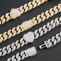 15mm Hip Hop Heart Shape Cuban Link Chain Necklace Bracelet Jewellery Set Bling Full Zircon 18k Real Gold Plated