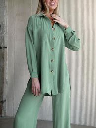 Women's Sleepwear Hiloc Green Full Sleeve Pyjamas Set Lapel Loose 2023 Single-Breasted Night Wears For Women Wide Leg Pants Sets