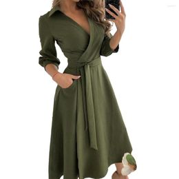 Casual Dresses Fashion Elegant Party Three-quarter Sleeve Solid Floral Cropped Deep V Neck Belted Wrap Long Evening Dress For Women