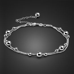 Anklets 100% 925 Sterling Silver Beach Foot Anklet For Women Bohemian Simple Double Chain Anklets Summer Bracelet On the leg Jewelry 230821