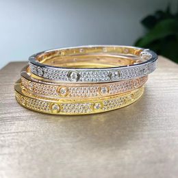 Hot Luxury Top Fine Brand Pure 925 Sterling Silver Jewelry Women Easy Lock Bangle Rose Yellow Gold Full Diamond Bangle Wedding Engagement Main Diamond Bracelet Gift