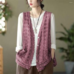 Women's Vests Women V-Neck Hollow Out Crochet Korean Fashion Cardigan Sleeveless Jacket Cotton Lace Waistcoat Knitted Mujer Vest