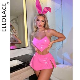 Sexy Set Latex Lingerie Neon Pink Underwear Women 3 Piece Bunny Sexy Pvc Outfit Nightclub Leather Erotic Costumes 230808