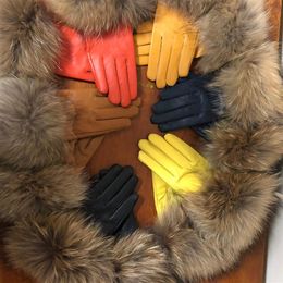 Women's Genuine Leather Gloves Real Raccoon Fur Gloves Fur Big Raccoon Sheepskin Female Winter Velvet Warm Touch280P