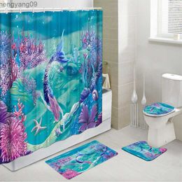 Shower Curtains Mermaid Shower Curtain Set with Non-Slip Rugs Toilet Lid Cover Bath Mat Kids Ocean Coral Starfish Bathroom Shower Curtains Set R230821