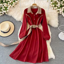Casual Dresses Autumn Dress Women Turn-down Corduroy Vestidos Female Lantern Sleeve Contrast Color French Chic Long Pleated Dropship