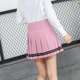 Skirts 2023 School Girls Pleated Skirt Student Wear Shirt Dress With Stripe Korean Fashion Clothing Pink White Black Blue Colors