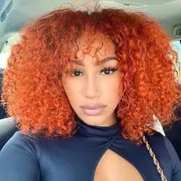 Synthetic Wigs Orange Short Curly Bob Human Hair Wigs With Bangs Glueless Full Machine Made Wigs Orange Coloured Wigs For Women Remy Hair Wig 230818